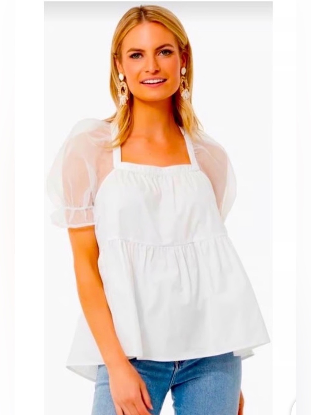 Pomander Place White Puff-Sleeve Square Neck Peplum Top 100% Cotton Shell Sz M